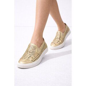 Tory Burch Gold Metallic Woven Leather Slip On Sneakers Loafers Women 9.5